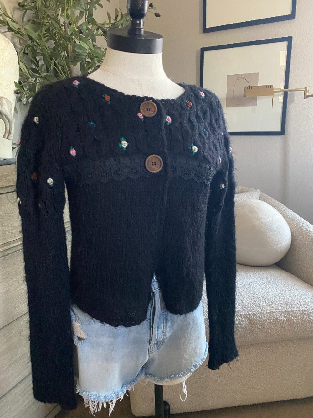 MANOUSH | Hand Knit Mohair Blend Embroidered Cottagecore Cardigan